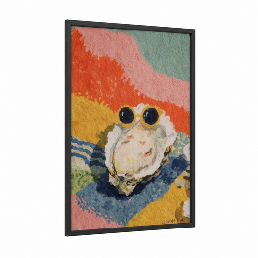 Quirky Oyster framed art print — black wood frame — salmon pink and yellow gold palette