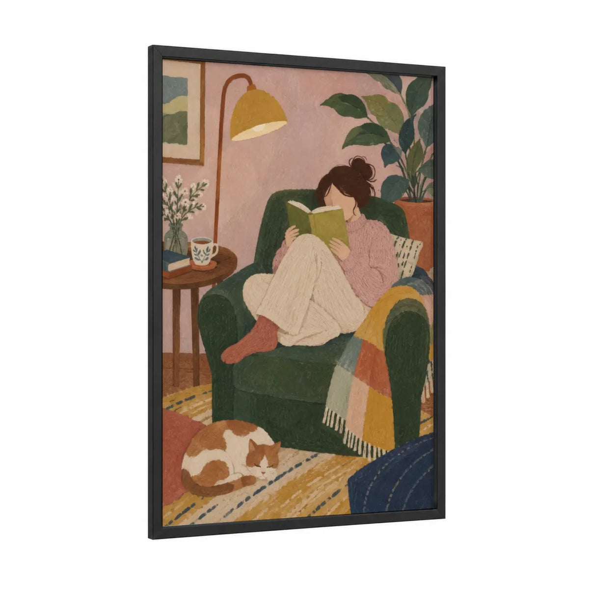 Woman Reading With Cat Wall Art framed art print — black wood frame — true green and peach palette