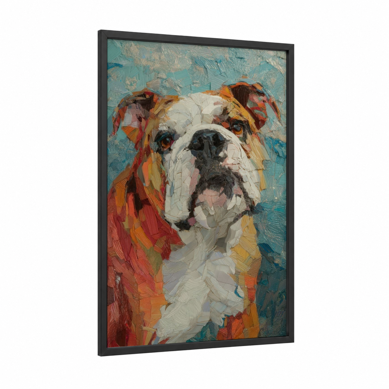 Colorful Bulldog framed art print — black wood frame — orange and teal palette