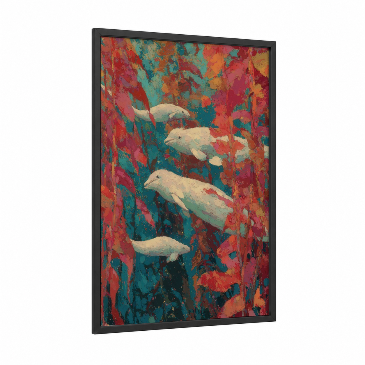 Crimson Beluga Pod framed beluga whale print — black wood frame — red and teal palette