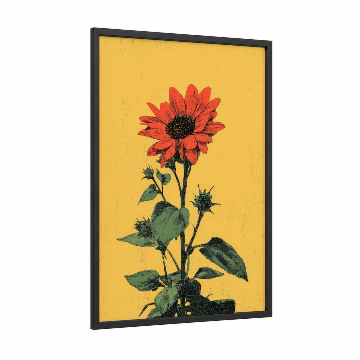 Crimson Sunflower framed art print — black wood frame — yellow gold and red palette