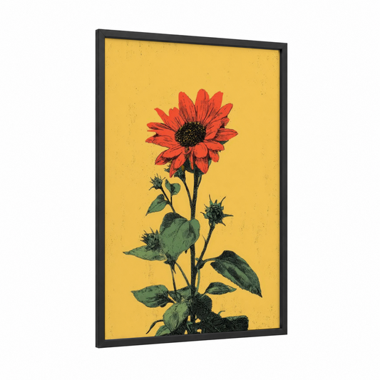 Crimson Sunflower framed art print — black wood frame — yellow gold and red palette