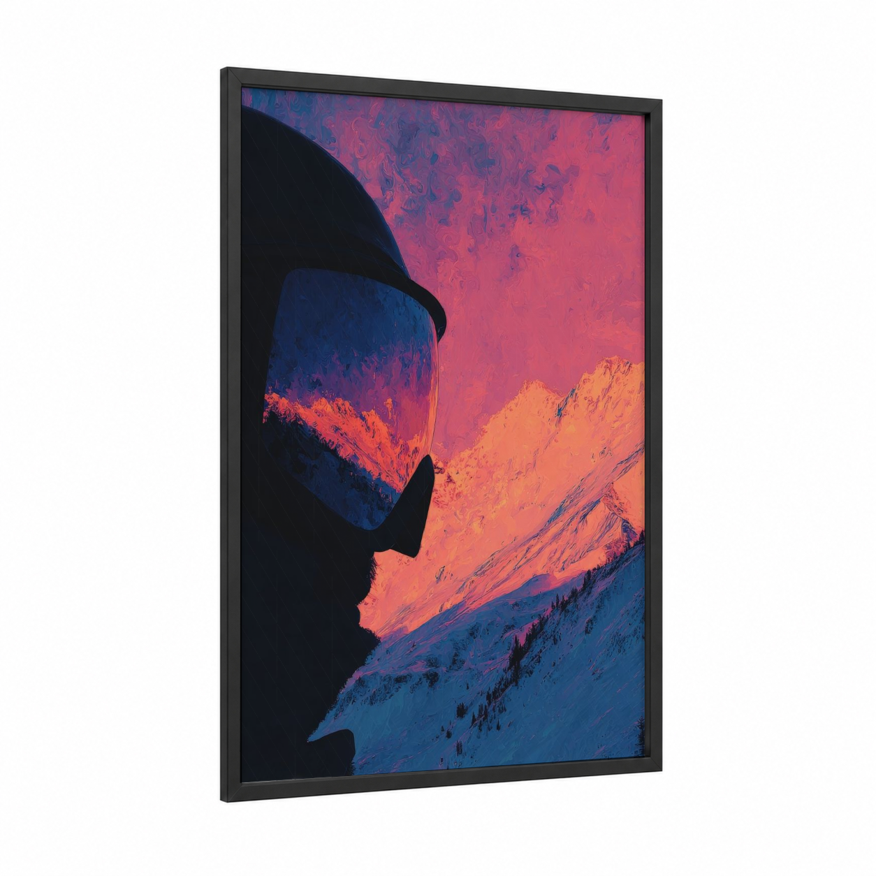Alpine Sunset Snowboarder framed snowboarding print — black wood frame — magenta and orange palette