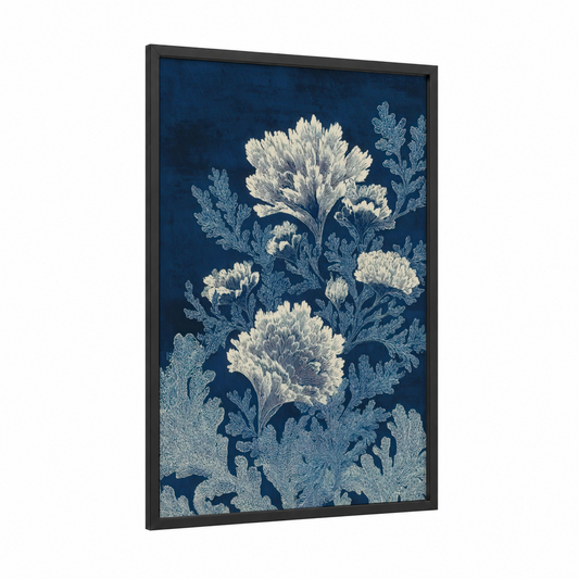 Cream Sea Anemone framed art print — black wood frame — dark blue and white palette