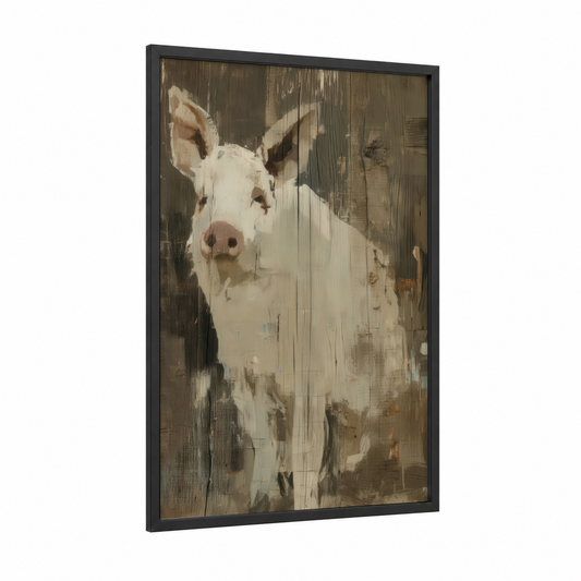 Rustic Pig Portrait framed art print — black wood frame — cream and dove gray palette