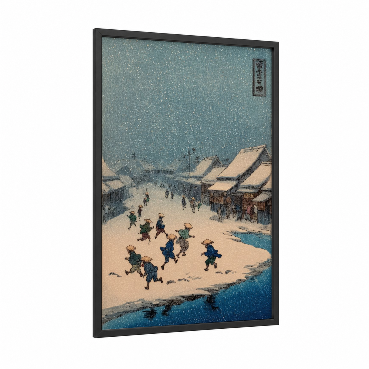 Snowy Village Winter framed art print — black wood frame — blue and cream palette