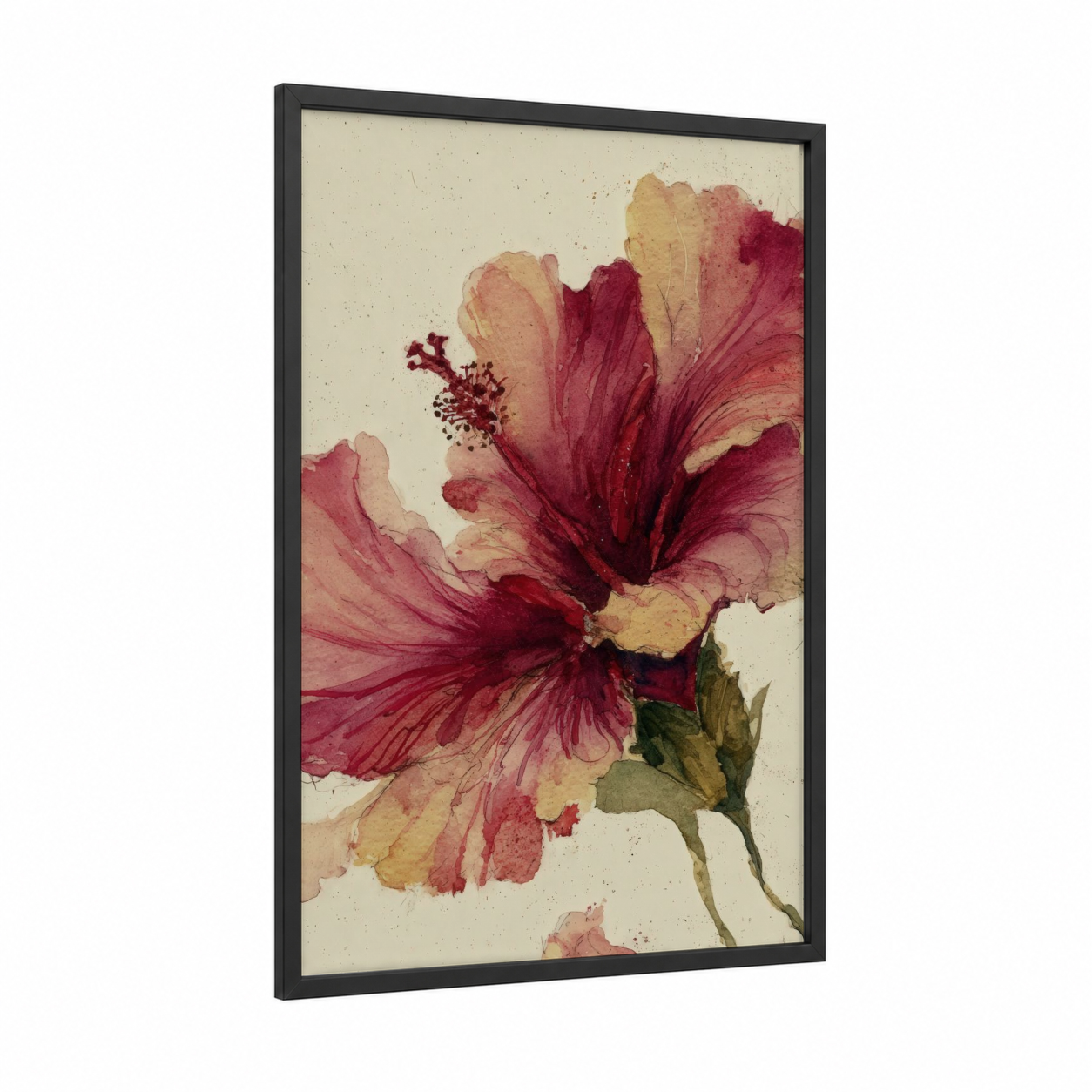 Crimson Hibiscus Bloom framed art print — black wood frame — red and peach palette