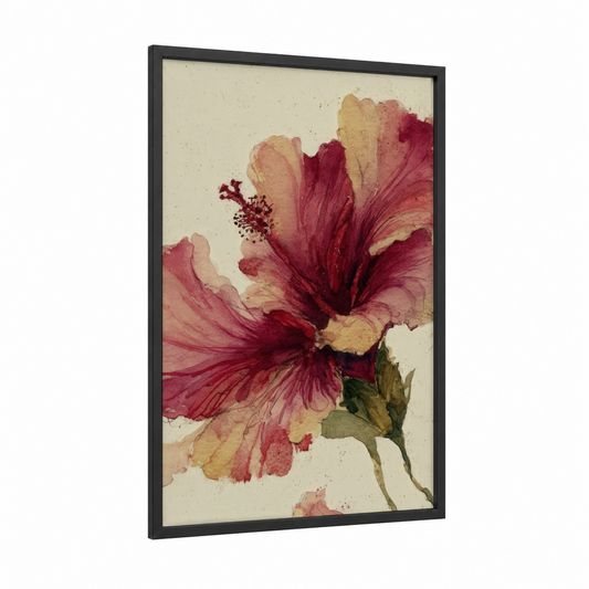 Crimson Hibiscus Bloom framed art print — black wood frame — red and peach palette
