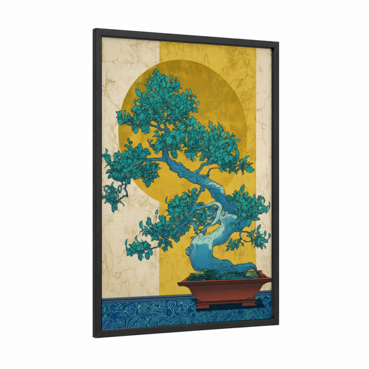 Golden Bonsai framed bonsai tree print — black wood frame — yellow gold and teal palette