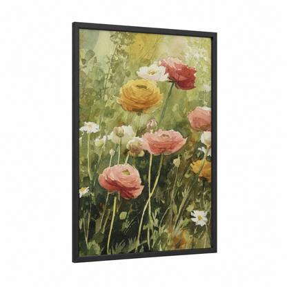 Ranunculus Garden framed art print — black wood frame — gold and pink palette