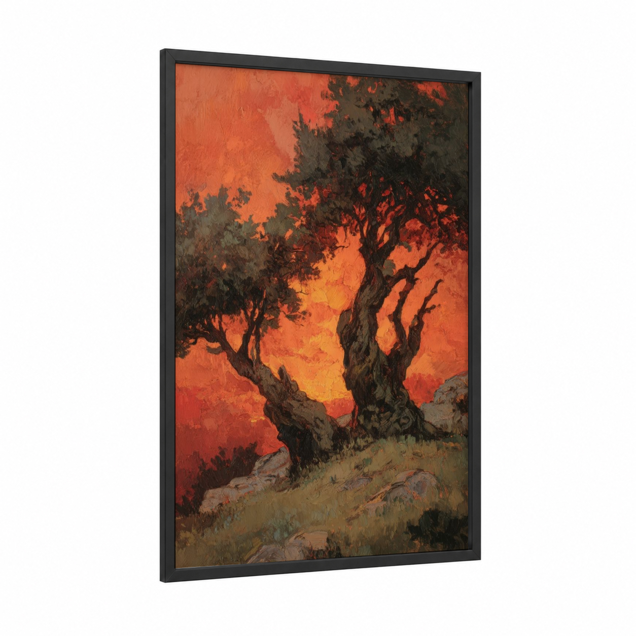 Crimson Olive Sunset framed olive tree print — black wood frame — orange and red palette