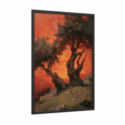 Crimson Olive Sunset framed olive tree print — black wood frame — orange and red palette