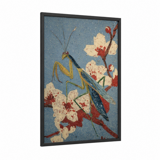 Crimson Mantis framed prayin mantis print — black wood frame — blue and red palette