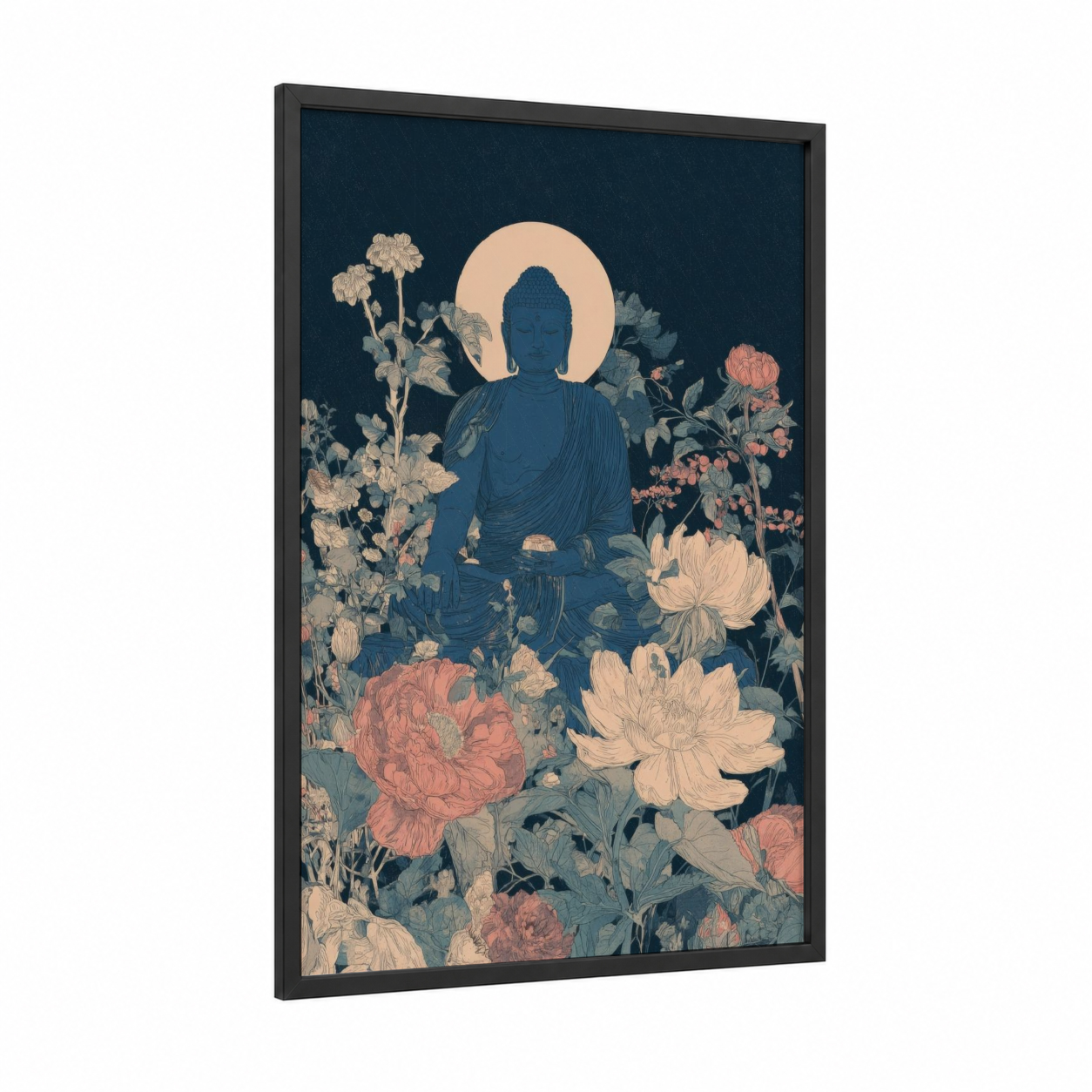 Serene Buddha Garden framed buddhism print — black wood frame — dark blue and peach palette