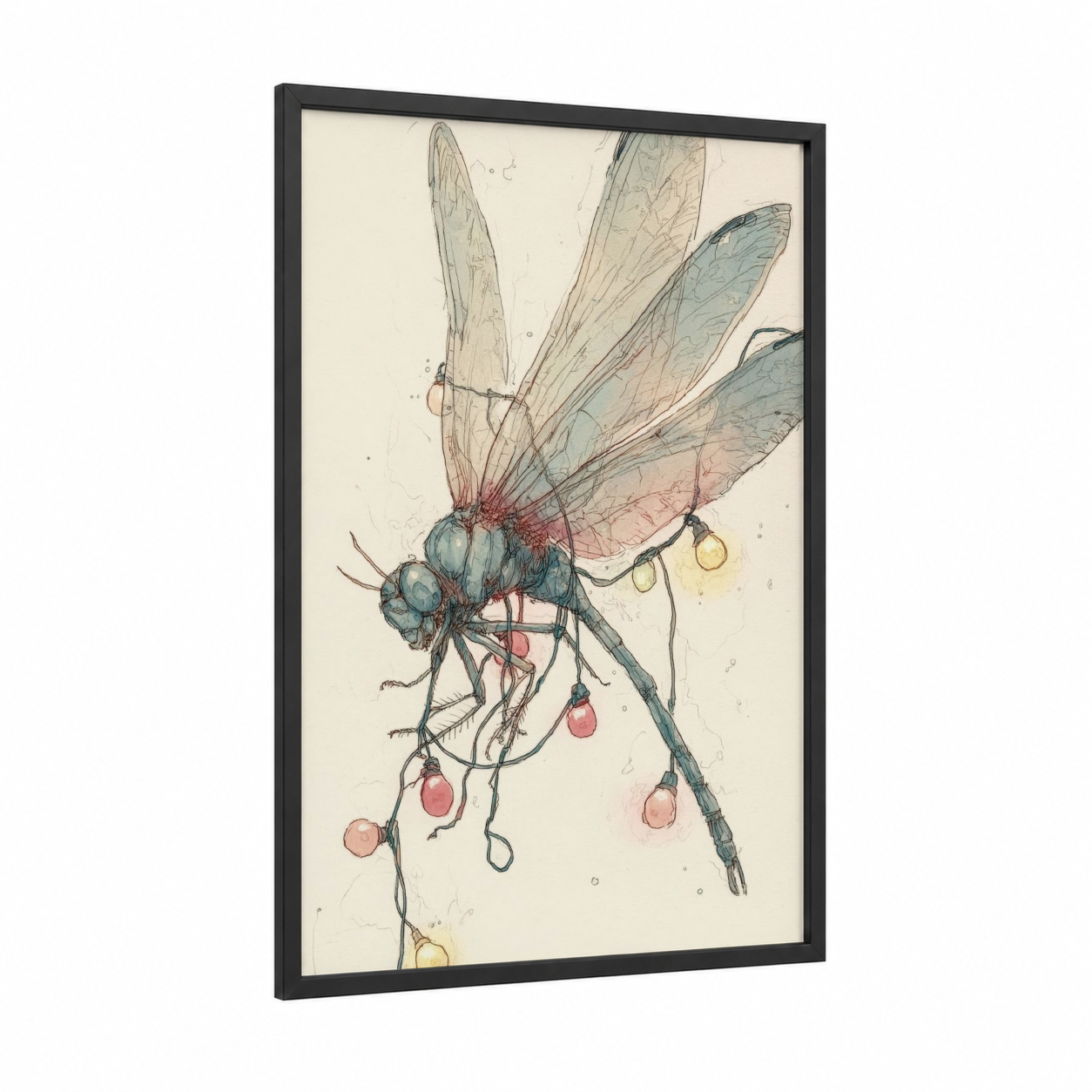 Whimsical Dragonfly framed art print — black wood frame — blue and cream palette
