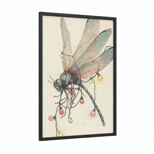 Whimsical Dragonfly framed art print — black wood frame — blue and cream palette