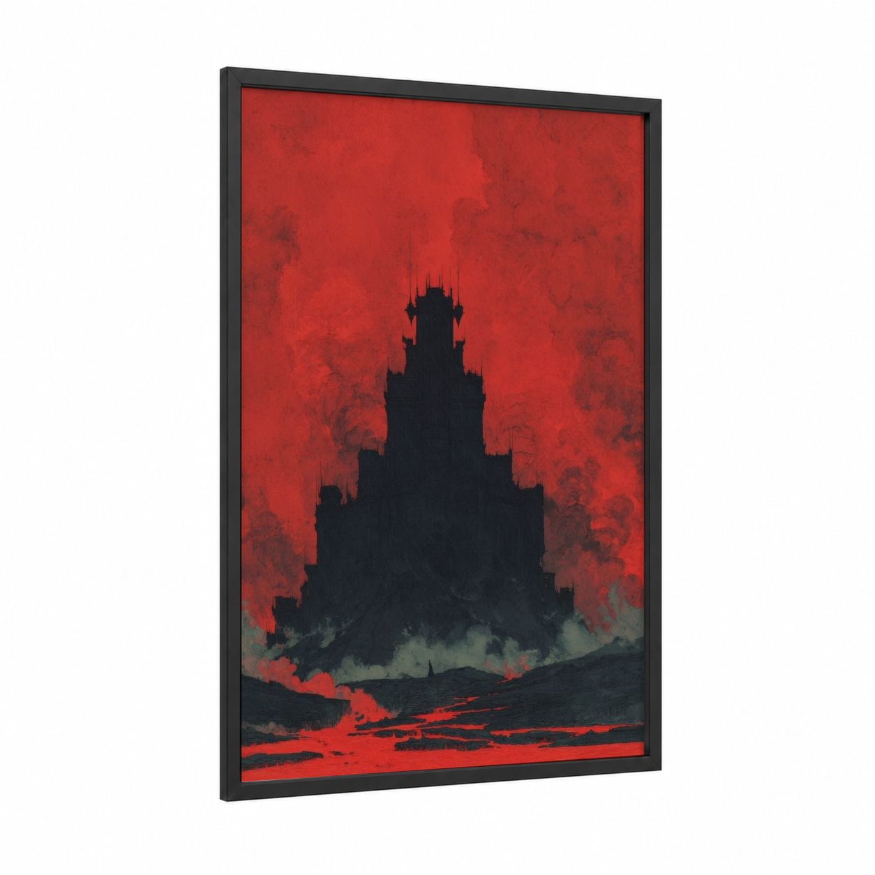 Crimson Castle Silhouette framed art print — black wood frame — red and black palette