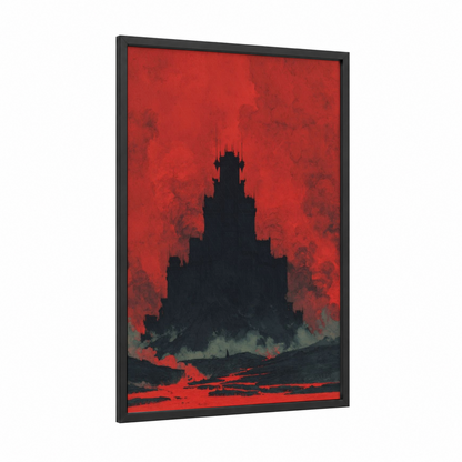Crimson Castle Silhouette framed art print — black wood frame — red and black palette