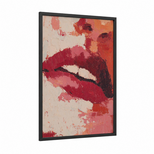Crimson Lips Abstract framed art print — black wood frame — red and peach palette