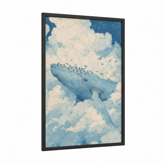 Skybound Whale framed humpback whale print — black wood frame — blue and white and aquamarine palette