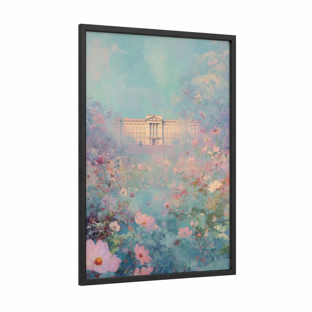 Floral Buckingham Palace framed art print — black wood frame — blue and pink palette