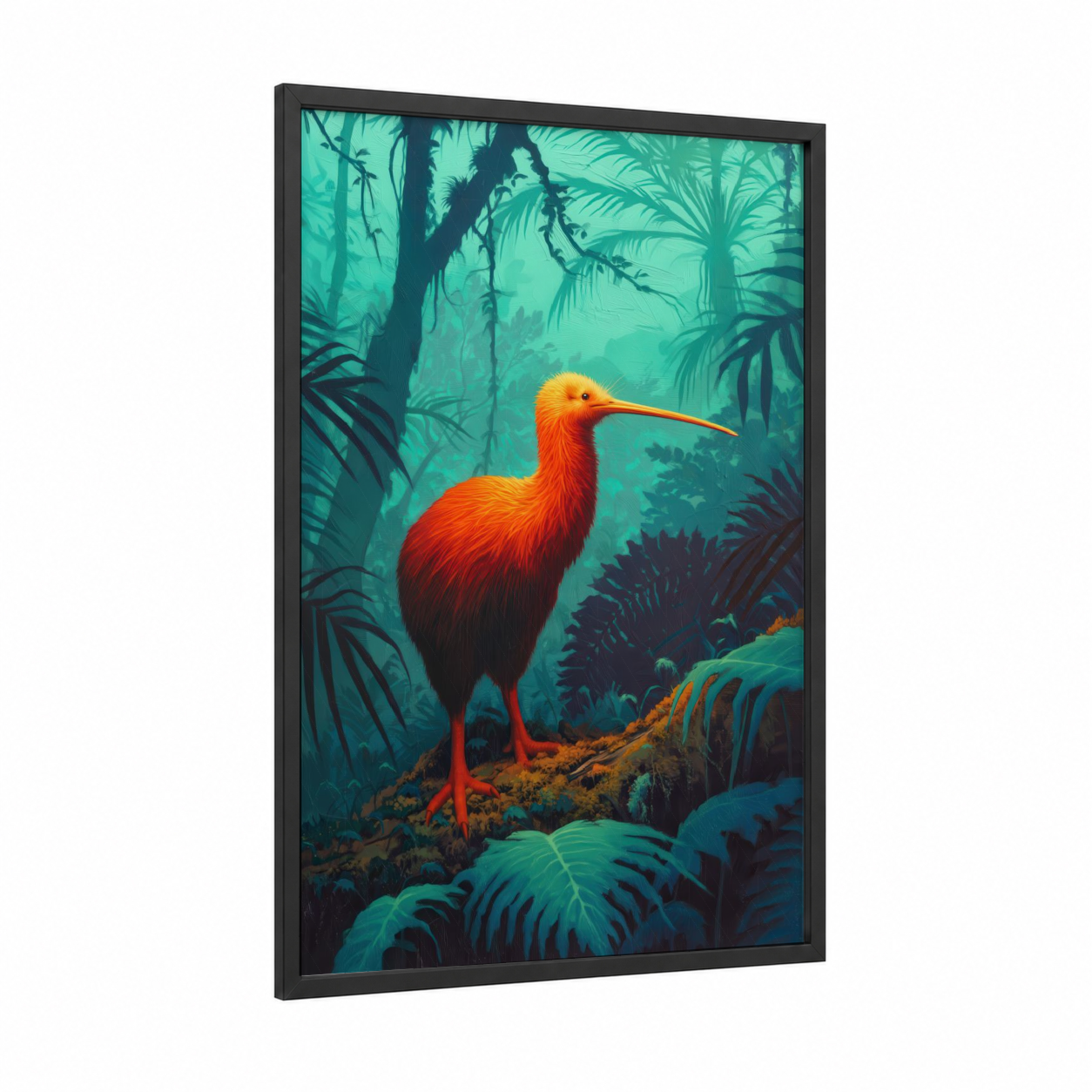 Jungle Kiwi framed art print — black wood frame — teal and orange palette