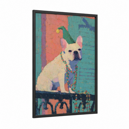 Festive French Bulldog framed mardi gras print — black wood frame — teal palette