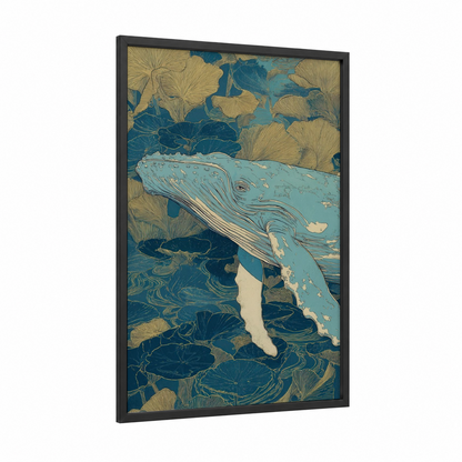 Lily Pad Whale framed humpback whale print — black wood frame — blue and gold palette
