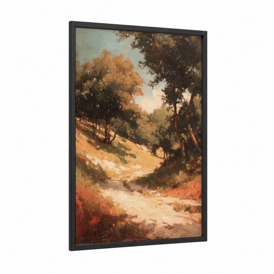Golden Oak Pathway framed oak forest print — black wood frame — gold and brown palette