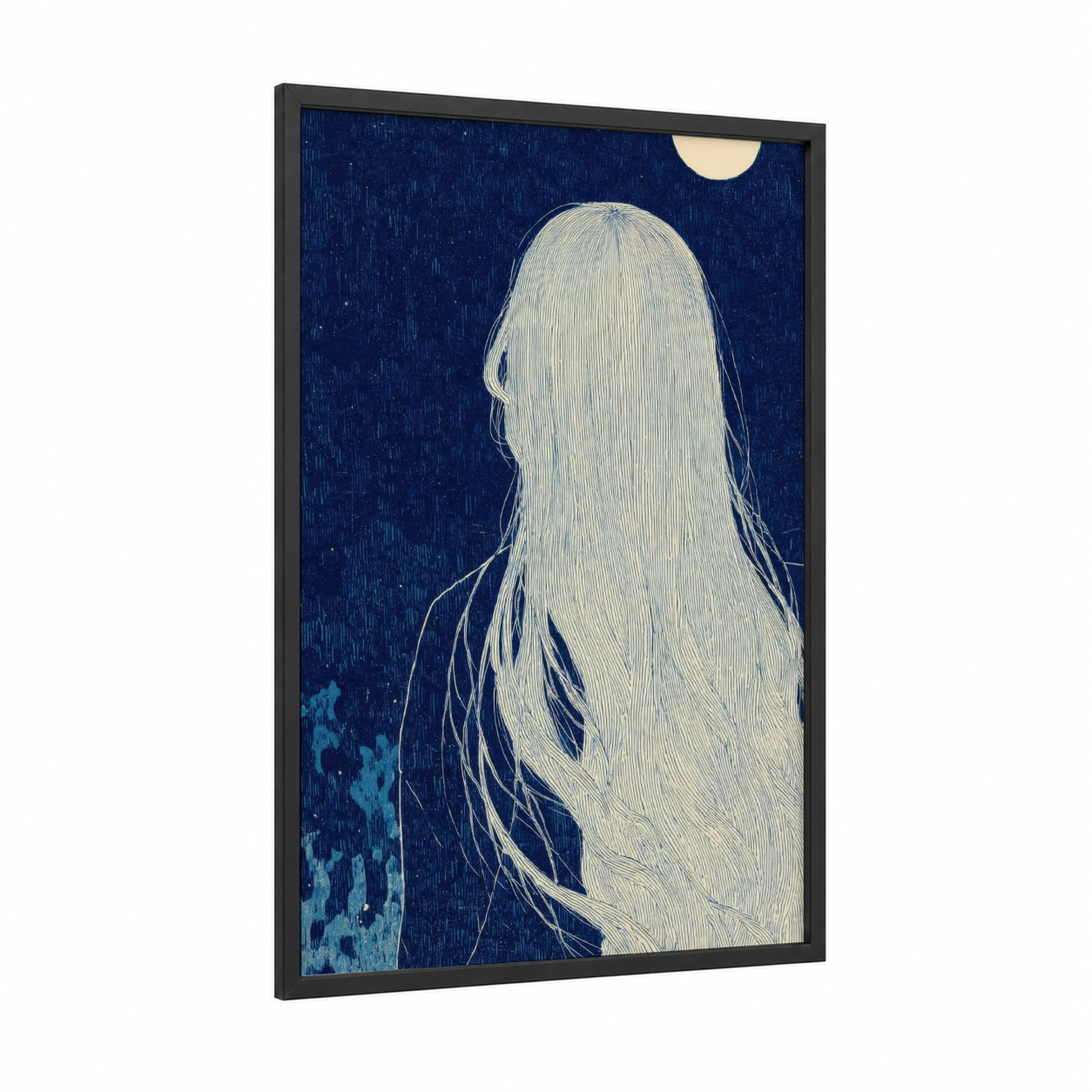 Moonlit Reverie framed hair print — black wood frame — dark blue and white palette