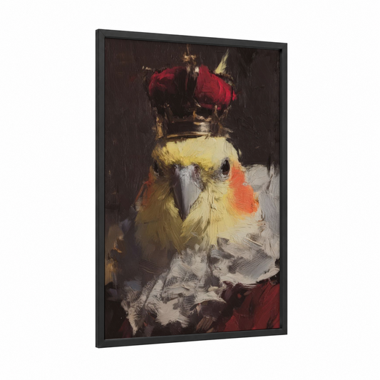 Royal Cockatiel framed art print — black wood frame — maroon and gold palette