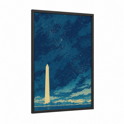 Starlit Monument framed washington monument print — black wood frame — dark blue and champagne gold palette