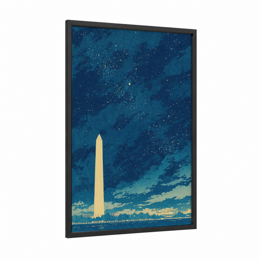 Starlit Monument framed washington monument print — black wood frame — dark blue and champagne gold palette