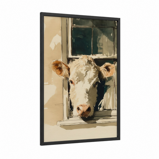 Windowsill Cow framed angus cow print — black wood frame — cream and brown palette