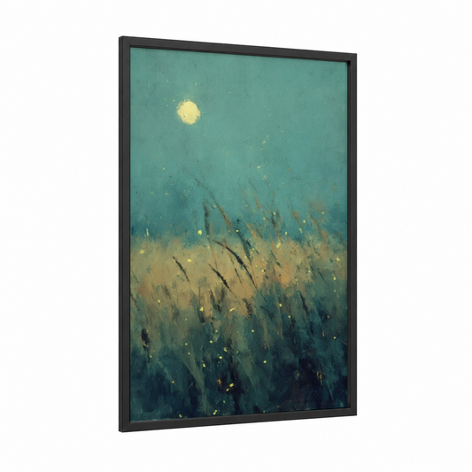 Moonlit Fireflies framed art print — black wood frame — teal and gold palette