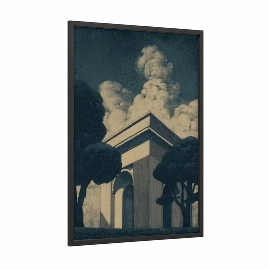 Stormy Monumental framed arc de triomphe print — black wood frame — teal and cream palette