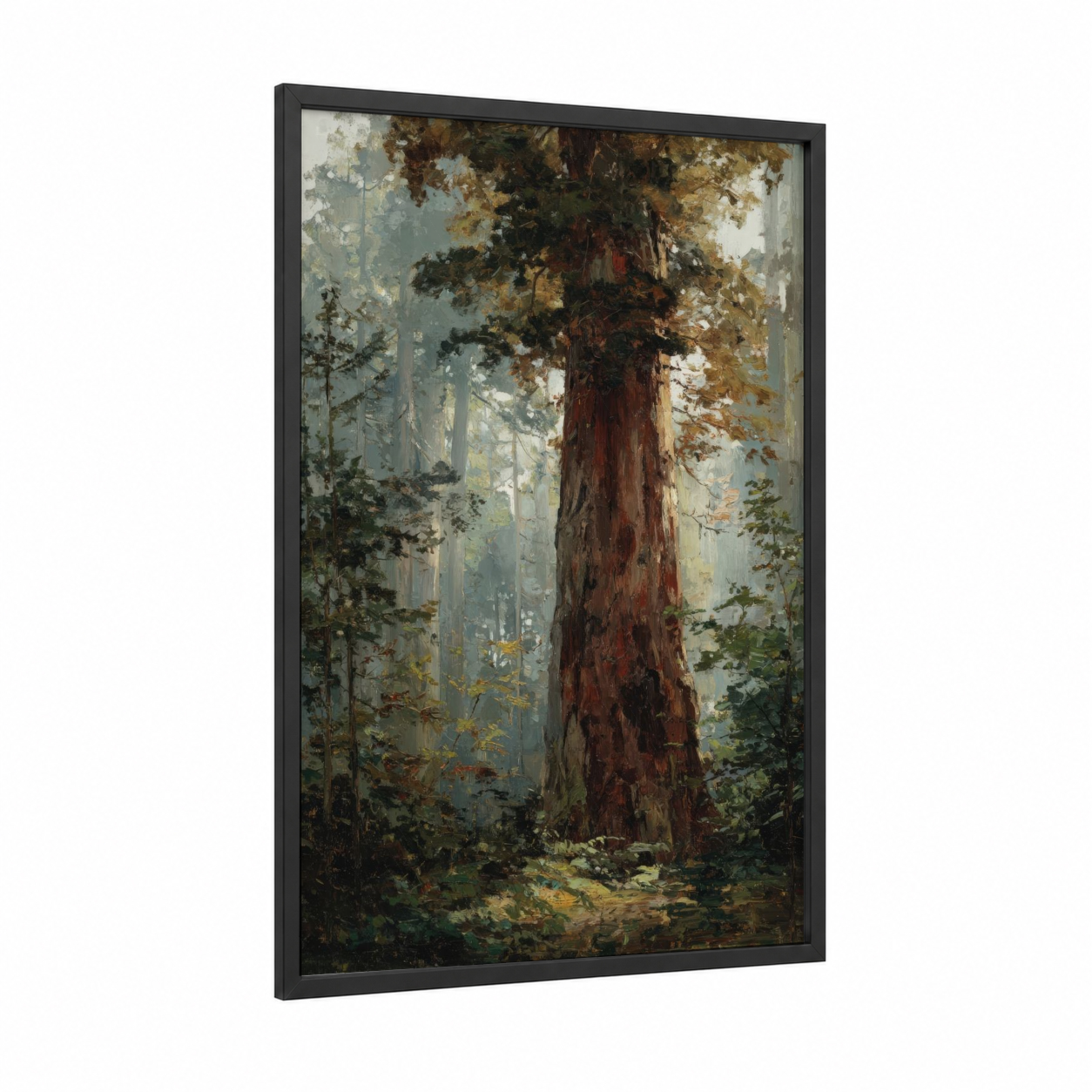 Misty Redwood framed redwood tree print — black wood frame — sage green and russet palette