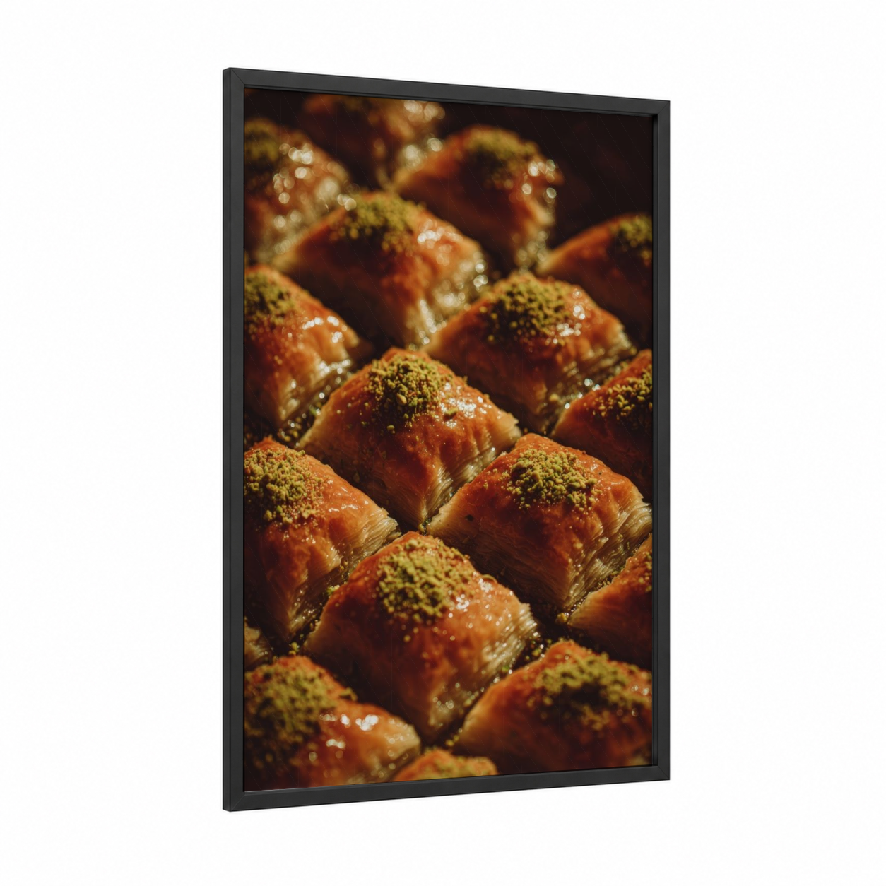 Golden Pistachio Baklava framed sweet print — black wood frame — gold and brown palette
