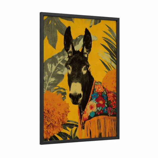 Tropical Donkey framed art print — black wood frame — yellow gold and orange palette