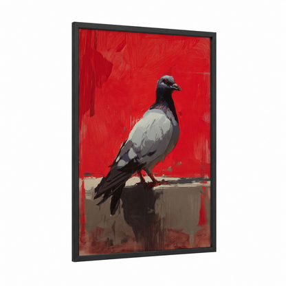 Crimson Pigeon framed art print — black wood frame — red and black and white palette