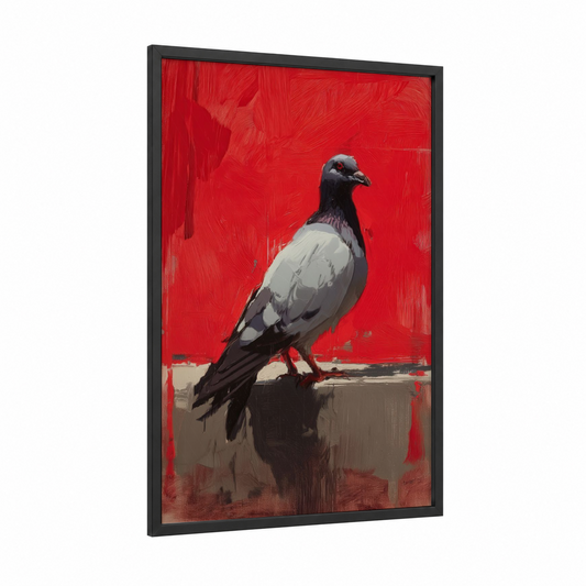 Crimson Pigeon framed art print — black wood frame — red and black and white palette