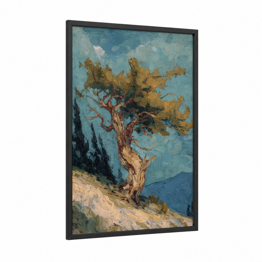 Gnarled Cedar Sentinel framed cedar tree print — black wood frame — blue and gold palette