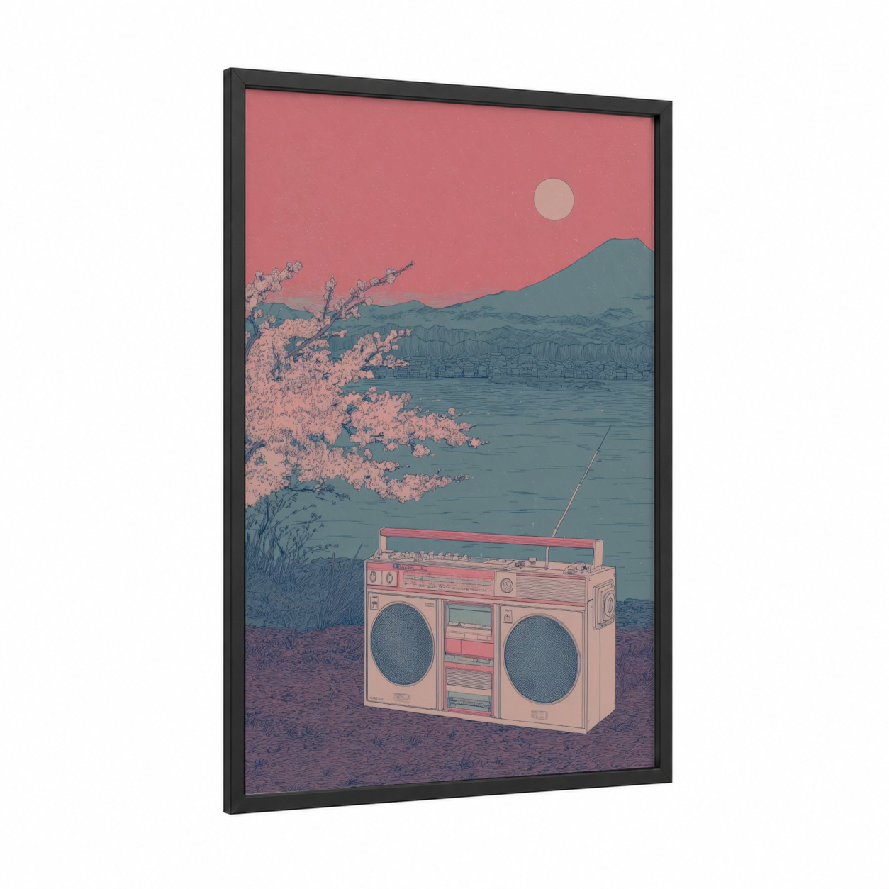 Retro Boombox Sunset framed art print — black wood frame — salmon pink and bermuda gray palette