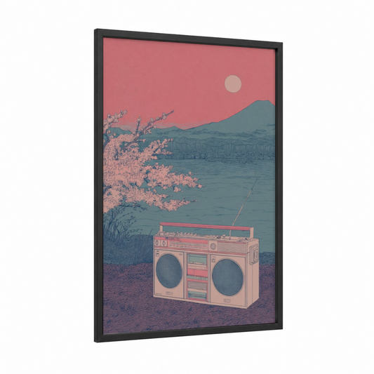 Retro Boombox Sunset framed art print — black wood frame — salmon pink and bermuda gray palette
