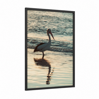 Coastal Pelican framed art print — black wood frame — gold and teal palette