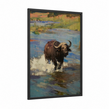 Wading Bison framed art print — black wood frame — brown and blue and gold palette