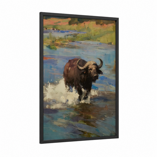 Wading Bison framed art print — black wood frame — brown and blue and gold palette