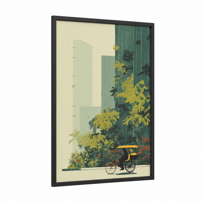 Urban Rickshaw framed art print — black wood frame — dark green and cream palette