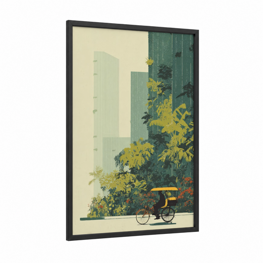 Urban Rickshaw framed art print — black wood frame — dark green and cream palette