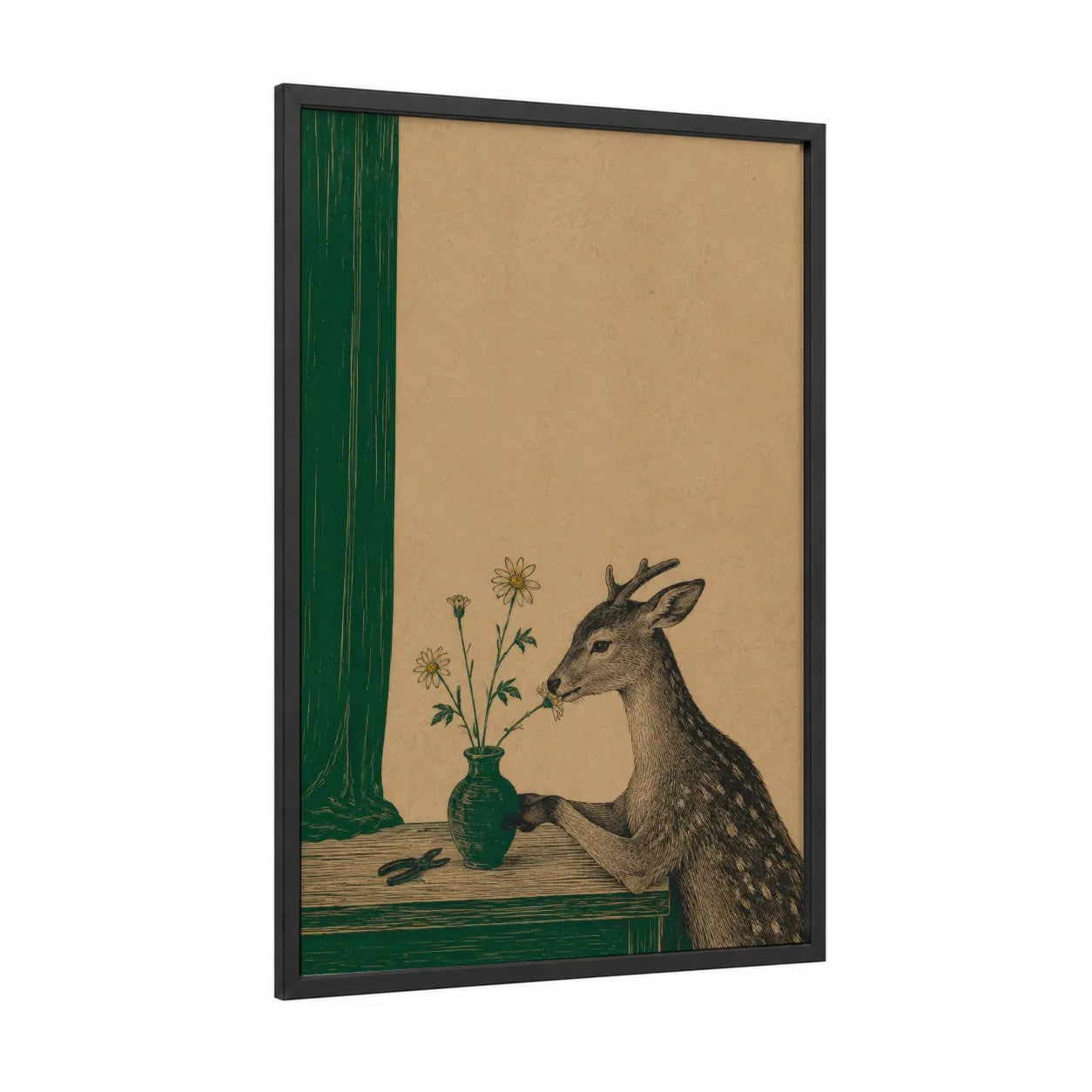 Vintage Deer with Daisies Wall Art framed art print — black wood frame — beige and true green palette